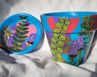 Hand Painted Terracotta Pot with Matching Saucer - Unique Plant and Geometric Designs with Vibrant Colors