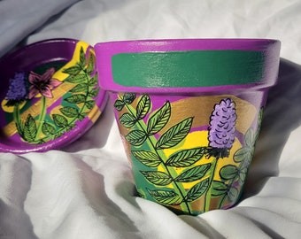 Hand Painted Terracotta Pot with Matching Saucer - Unique Plant and Geometric Designs with Vibrant Colors