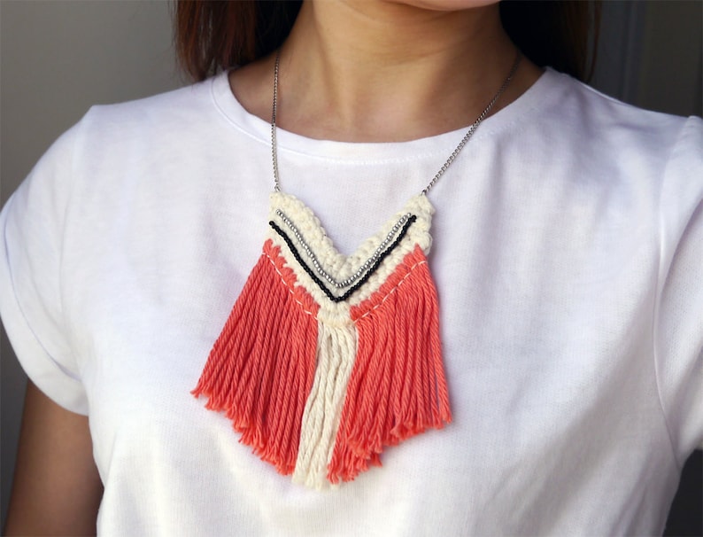Chevron necklace Boho necklace Unique Necklace with beads and fringe Bohemian style Statement Jewellery Fringe necklace Light weight