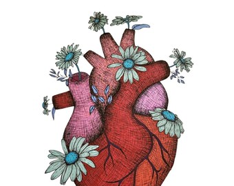 Blue floral anatomical heart print