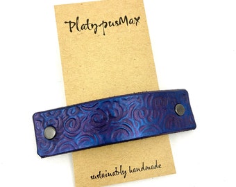 Metallic Purple & Blue Barrette / Hair Clip - Glassy Sheen on Spirals Texture / Eco-Friendly Leather / Sizes for Fine, Long and Thick Hair