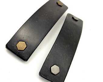 Black and Silver/Brass Leather Barrette, Modern Steampunk: Upcycled Material, Natural Dye, Large & Extra Large; Industrial Hex Bolt Hardware