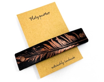 Copper Feather on Black Leather Barrette  / Large French Hair Clip for Long and Thick Hair, Upcycled Natural Material, Gift Idea