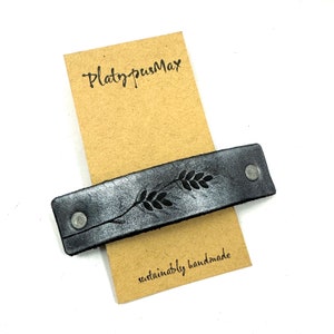 Silver and Black Wheat Stalk Leather Nature Print Hair Barrette - Large Handmade Ladies (Adult) French Hair Clip for Long and Thick Hair