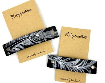 Silver Feather on Black Leather Barrette  for Women / Large French Hair Clip for Long, Thick  & Curly Hair, Upcycled Natural Material