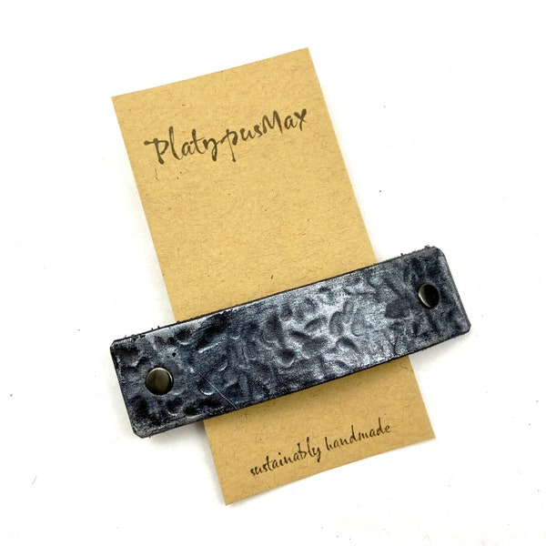 Hammered Gunmetal Barrette, Small / Large Sizes Made From Upcycled Leather, Zero Waste Packaging, Handmade, Industrial Distressed Texture