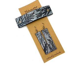 Argent ou vert & noir Branches de genévrier Barrette et coffret cadeau de boucles d’oreilles assorties pour femmes / Cheveux longs épais, cuir recyclé, écologique