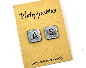 Stamped Initial Earrings - Small Upcycled Leather Square Stud Earrings - Handmade