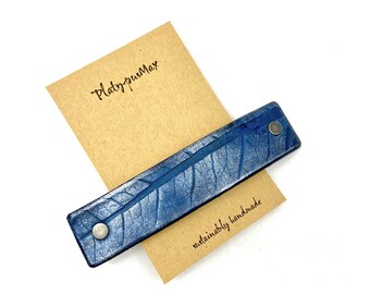 Blue & Silver Leather Barrette Embossed Leaf, Handmade Rustic Hair Clip / Extra Large to Small sizes, for Long and Thick Hair, Adult Women