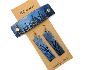 Moonlit Forest Trees Blue & Gold Embossed Leather Ladies' Barrette and Earring Gift Set, Upcycled Eco-Friendly Material, Long and Thick Hair