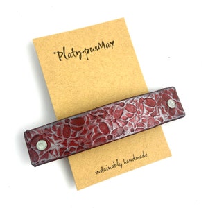 Silver Fuchsia / Pink Spring Flowers Stamped Leather Hair Clip Large / Large French Barrette for Long and Thick Hair