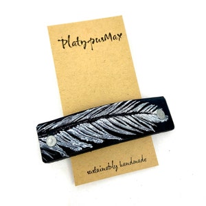 White Feather on Black Leather Barrette  for Women / Large French Hair Clip for Long, Thick  & Curly Hair, Upcycled Natural Material