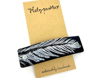 White Feather on Black Leather Barrette  for Women / Large French Hair Clip for Long, Thick  & Curly Hair, Upcycled Natural Material
