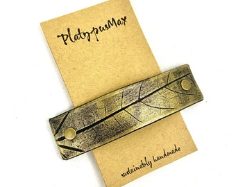 Gold Leaf Barrette - Pressed Oak Leaf in Black Leather / Unique and Artistic Gift-Worthy Hair Accessory that Really Holds Your Hair Up