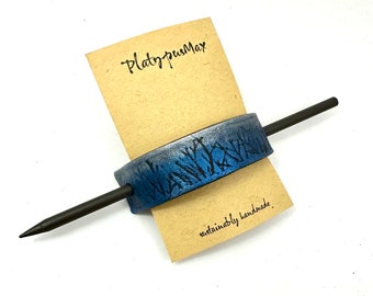 Midnight Blue and Silver Forest Trees on Black Leather Hair Stick Barrette / Wood and Upcycled Eco-Friendly Leather / Handmade