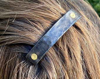 Hammered Oil-Rubbed Bronze / Antique Brass Leather Barrette - Rustic Texture / Large French Hair Clip for Men / Women / Unisex, Handmade