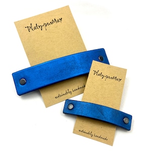 Metallic Cobalt Blue Leather Barrette / French Clip for Long, Thick and Curly Hair, Upcycled Remnant Materials, Strong Hold
