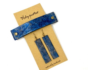 Lapis Blue & Gold Spirals Texture Barrette and Matching Earring Gift Set - Handmade from Upcycled Leather