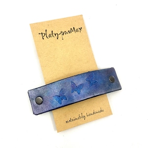 Iridescent Blue & Purple Butterflies Leather Hair Clip / Large French Barrette for Long and Thick Hair