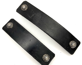 Black Leather Barrette with Fancy Silver Filagree Stud Rivets, Natural Dye, Handmade, Large & Extra Large