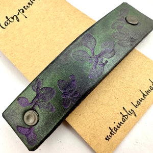Purple & Green Thyme Eco Barrette - Embossed Tiny Leaves Leather Hair Clip / Large French Barrette for Long and Thick Hair