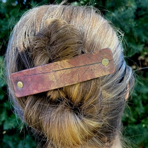 Autumn Red Rustic Beech Leaf Imprint Leather Hair Barrette - Large Handmade Ladies (Adult) French Hair Clip for Long Hair
