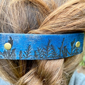 Moonlit Trees Blue & Gold Tiny Forest Trees Leather Leaf Imprint Hair Clip / Large French Barrette for Long and Thick Hair