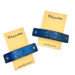 Midnight Blue Flower Barrette - Vintage Lace Texture on Upcycled Leather /  Large Clip for Long and Thick Hair