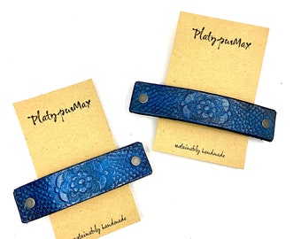 Midnight Blue Flower Barrette - Vintage Lace Texture on Upcycled Leather /  Large Clip for Long and Thick Hair