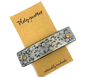 Gold, Silver & Black Stamped Leather Barrette / Handmade Large French Hair Clip, Rustic Sunburst Pattern / for Long and Thick Hair