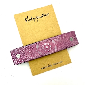 Antique Pewter / Pink Rose Flower Barrette - Pressed Lace Texture on Upcycled Leather /  Large Clip for Long and Thick Hair