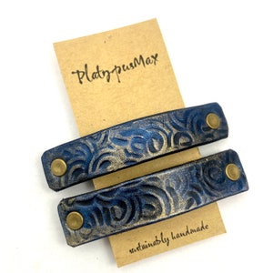 Small Lapis Blue and Gold Barrette, Made From Upcycled Leather, Zero Waste Packaging, Handmade, Hand-Embossed