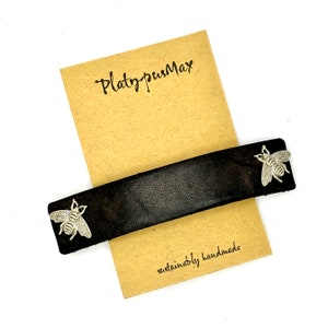 Silver Bees & Black Leather Barrette - 4 sizes for Fine, Long and Thick Hair