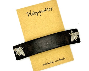 Silver Bees & Black Leather Barrette - 4 sizes for Fine, Long and Thick Hair