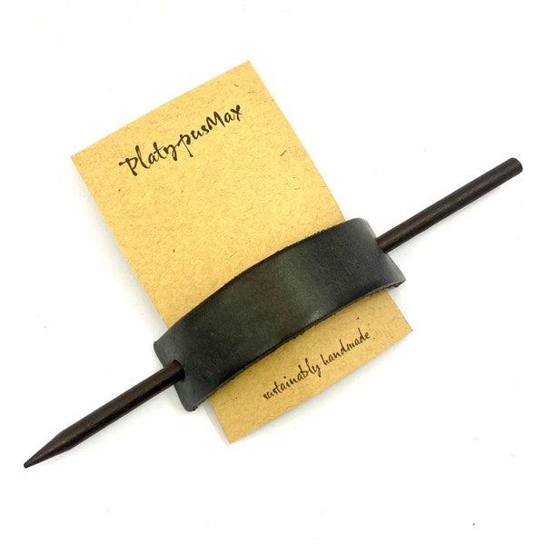 Minimalist Stick Barrette - Large Black Leather & Wood - Biodegradable, Sustainable Materials, Strong Hold for Long and Thick Hair