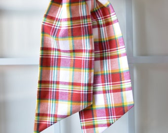 Spring Red and White Tartan Plaid Wreath Sash, Easter Wreath Sash, Red and White with Blue, Yellow and Green Door Decoration