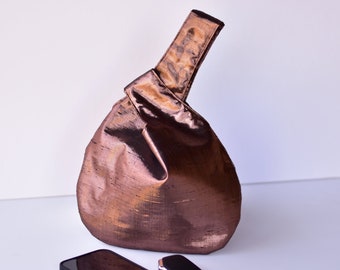 Raw Silk Bronze Japanese Style Knot Bag, Dark Brown Silk Handbag, Silk Clutch, Special Occasion Bag, Wristlet