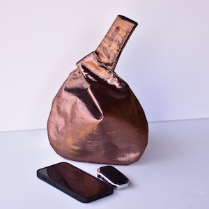 Raw Silk Bronze Japanese Style Knot Bag, Dark Brown Silk Handbag, Silk Clutch, Special Occasion Bag, Wristlet image 1