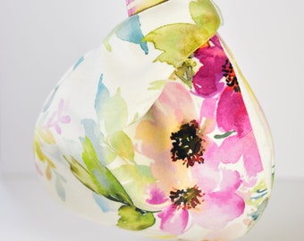 Sac à nœud japonais en velours floral pastel, crème avec sac à main bleu pâle et rose, petit sac à main, sac pour une occasion spéciale pour une soirée ou un mariage