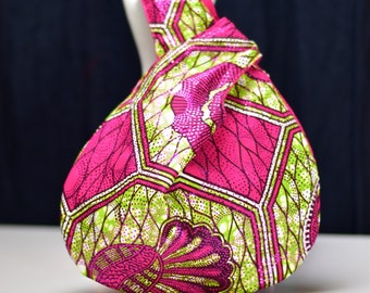 Hot Pink and Lime Green Small Japanese Knot Bag, Sparkly Pink African Print Cotton Denim Wristlet, Clutch