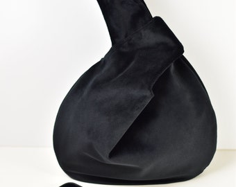 Black Velvet Japanese Knot Bag, Black Knot Bag, Special Occasion Black Velvet Evening Purse, Black Clutch, Elegant Black Bag