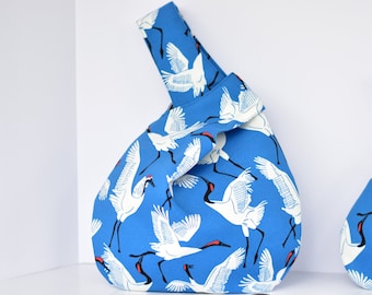 Sky Blue and White Crane Pattern Knot Bag, Japanese Knot Bag, Bird Pattern Minimalist Handbag in Small and Medium Sizes