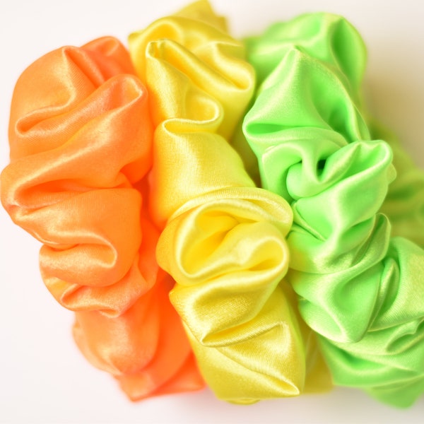 Neon Satin Scrunchies, Fluorescent Orange, Green, and Yellow Scrunchies, Very Bright Glow in the Dark Scrunchies, Fluorescent Satin Scrunchy