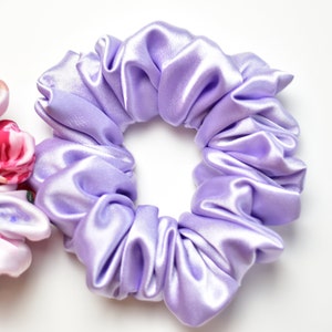 Lavender and Floral Satin Scrunchie Pair, Pink Floral Scrunchy, Lavender Lilac Satin Scrunchy image 3