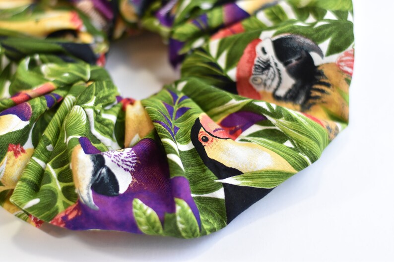 Purple Parrots Big Tropical Scrunchies Red Parrots and Toucans Scrunchies