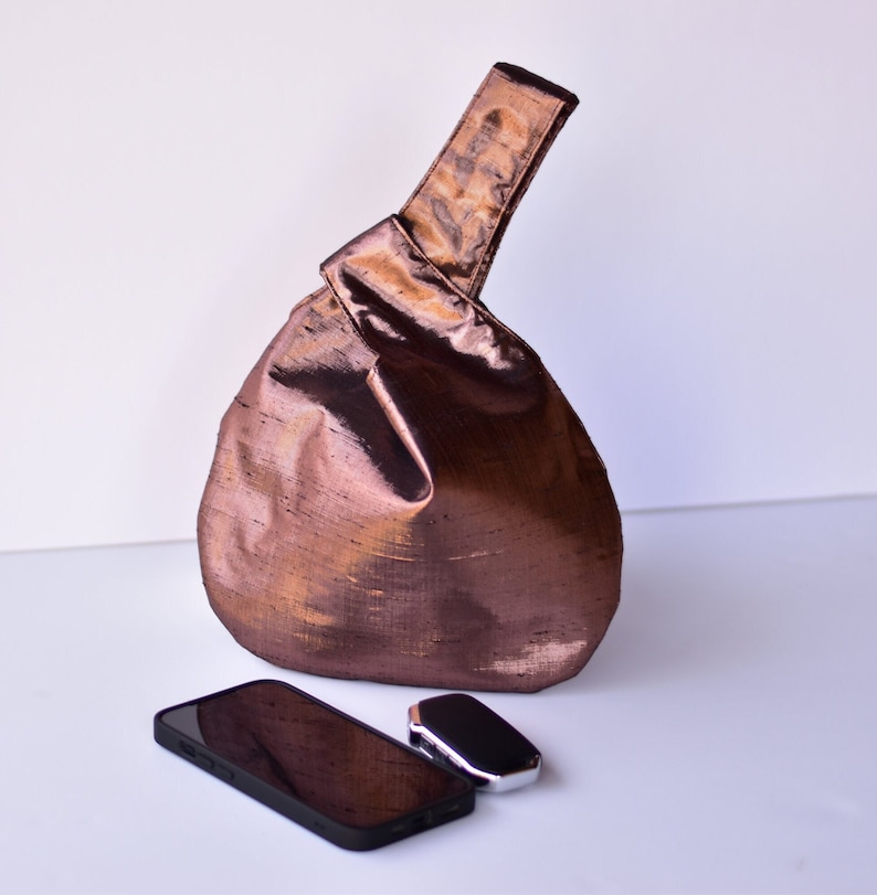 Raw Silk Bronze Japanese Style Knot Bag, Dark Brown Silk Handbag, Silk Clutch, Special Occasion Bag, Wristlet image 1