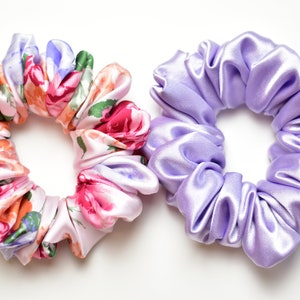 Lavender and Floral Satin Scrunchie Pair, Pink Floral Scrunchy, Lavender Lilac Satin Scrunchy image 2