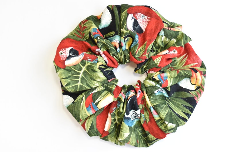 Purple Parrots Big Tropical Scrunchies Red Parrots and Toucans Scrunchies