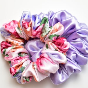 Lavender and Floral Satin Scrunchie Pair, Pink Floral Scrunchy, Lavender Lilac Satin Scrunchy image 6