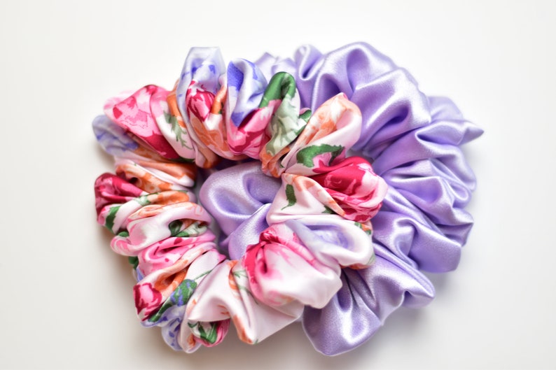 Lavender and Floral Satin Scrunchie Pair, Pink Floral Scrunchy, Lavender Lilac Satin Scrunchy image 6